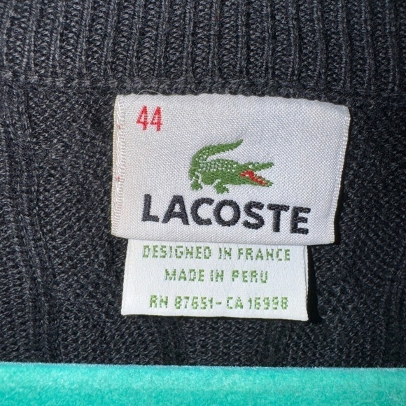 EUC Lacoste V Neck Croc Logo Black Crew Neck Cable Knit Sweater Size 44 Large - Picture 2 of 5